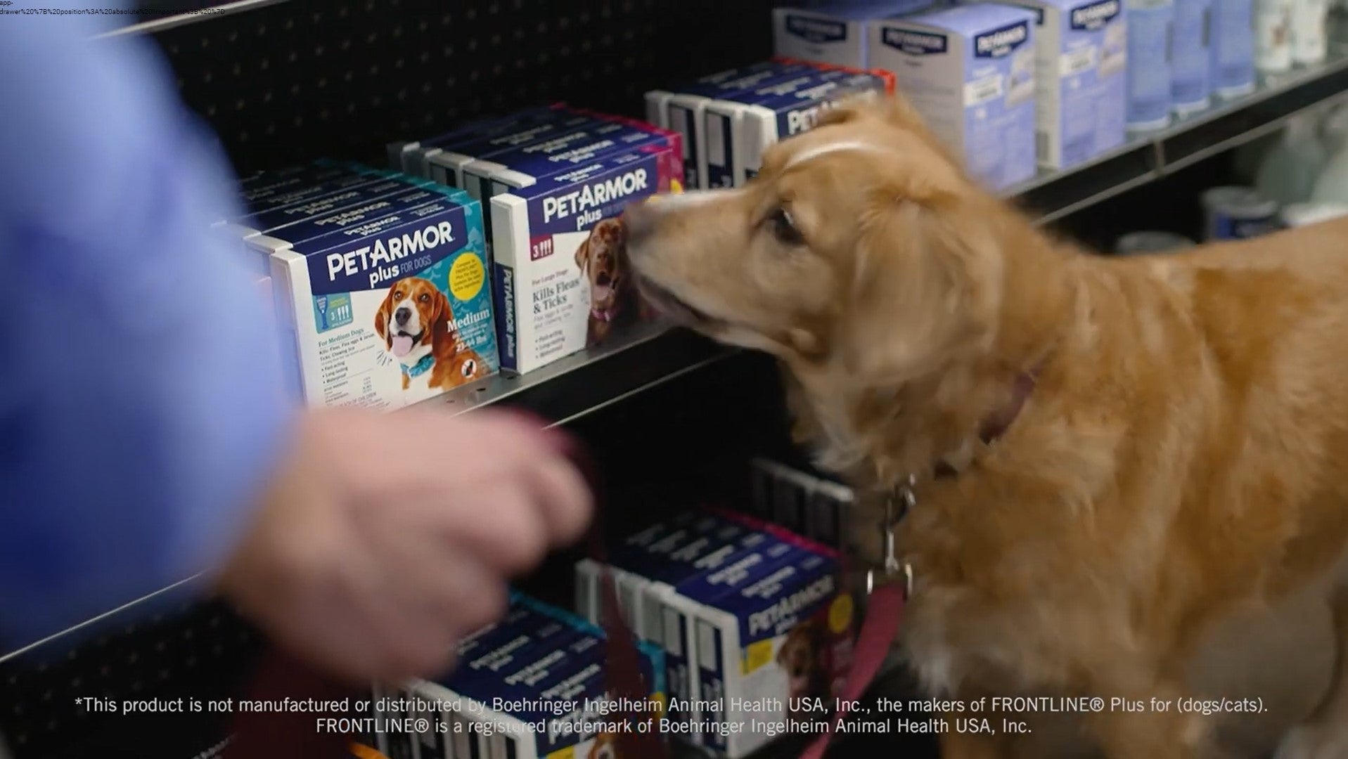 Video still image showing a dog picking out PetArmor Plus at the store