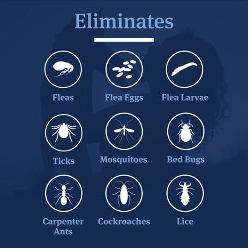 Eliminates fleas, eggs, larvae, ticks, bed bugs, lice, cockroaches, ants, mosquitoes